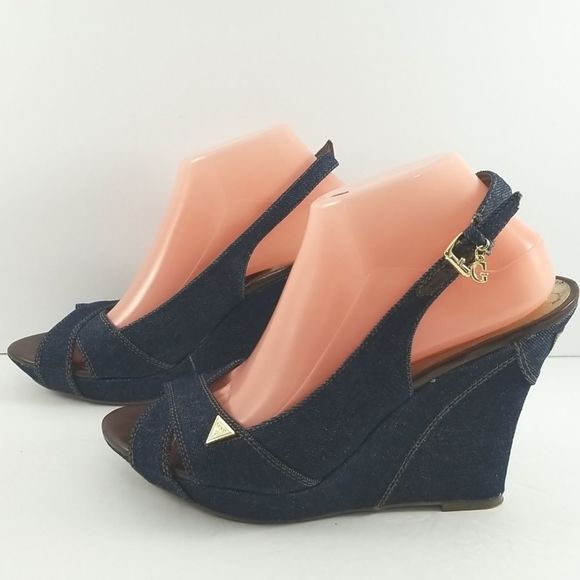 GUESS Blue Denim & Leather Slingback Platforms Size 9.5M. S598 - Picture 3 of 10